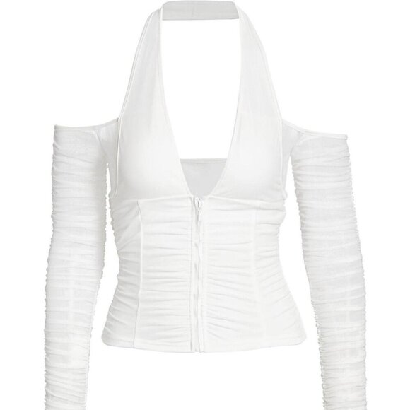 I Am Gia Womens Diego White Mesh Bodycon Top Size M Ruched Zipper‎ Cold Shoulder - Picture 2 of 8